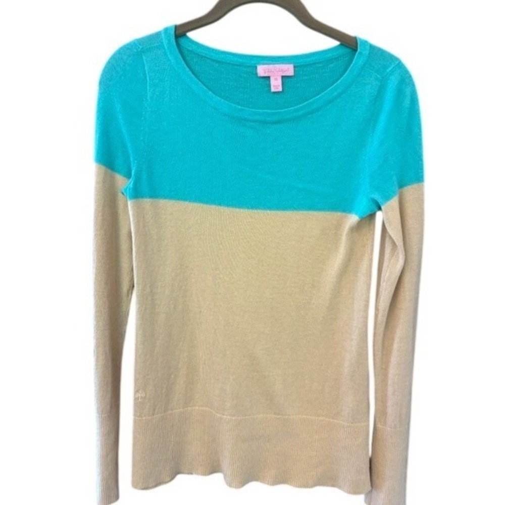 Lilly Pulitzer Sweater Women‎ XS Blue Tan Excellent Colorblock Wool Blend Scoop
